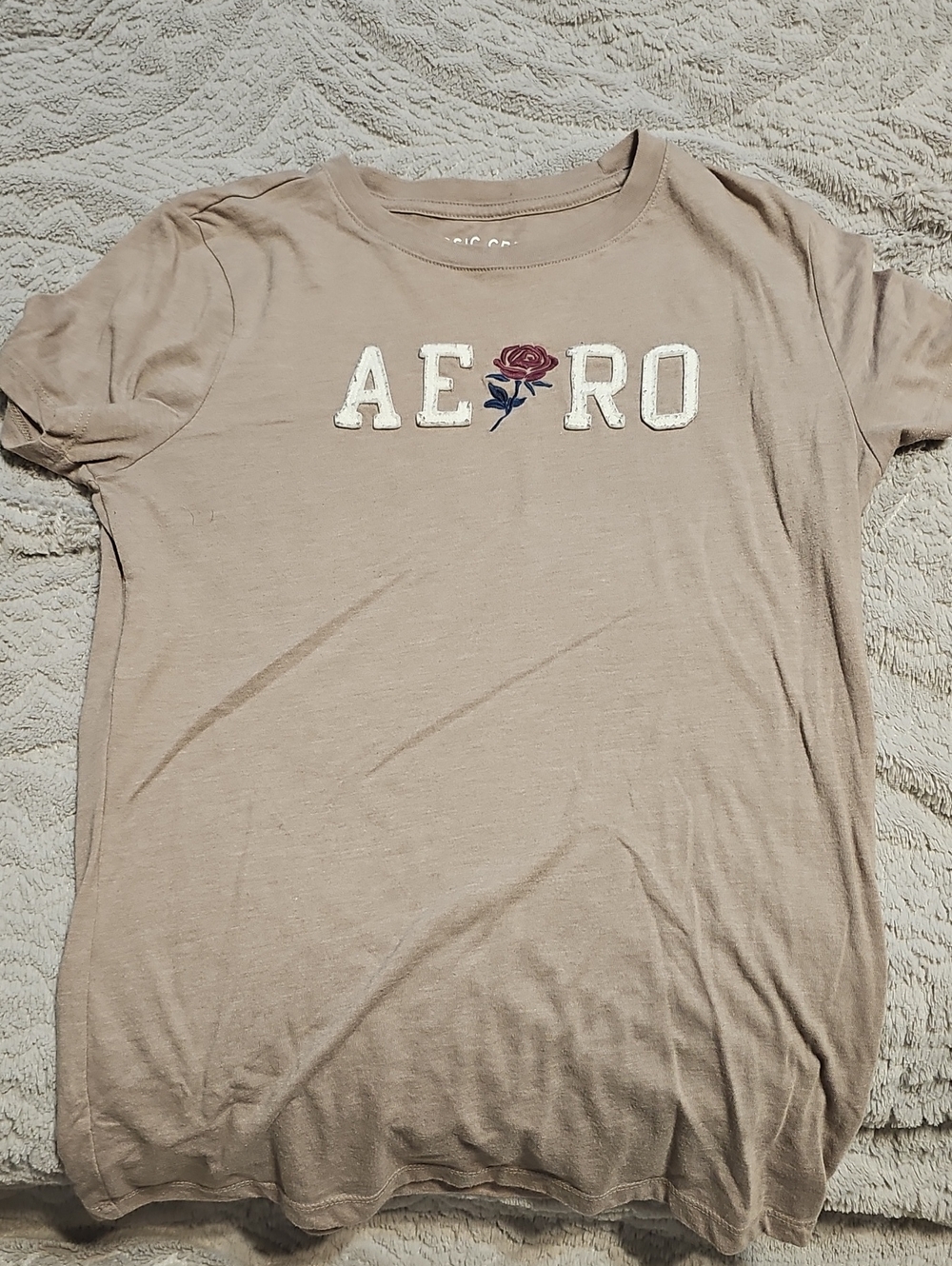 Aeropostale Beige Crewneck T-Shirt with Embroidered Rose